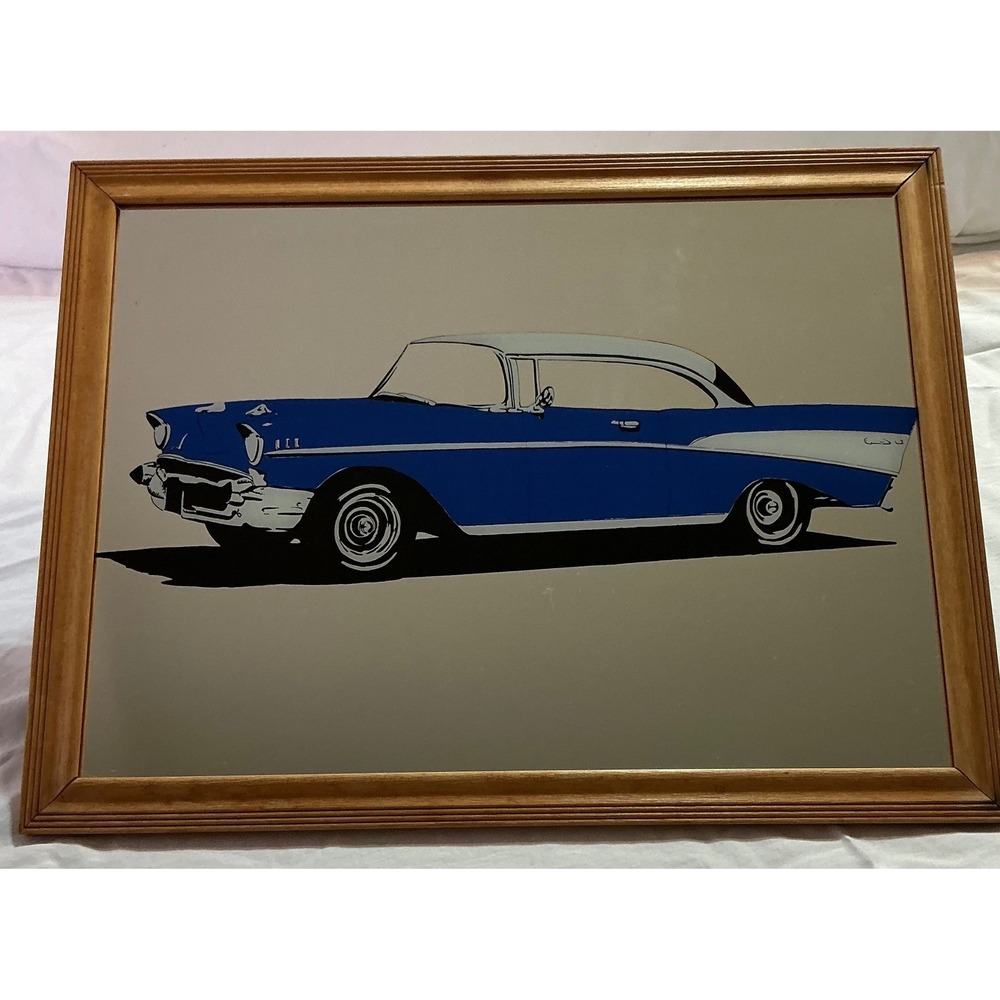 Vintage 1957 Chevrolet Bel Air Framed Mirror Wall Art Blue Classic Car‎ Decor